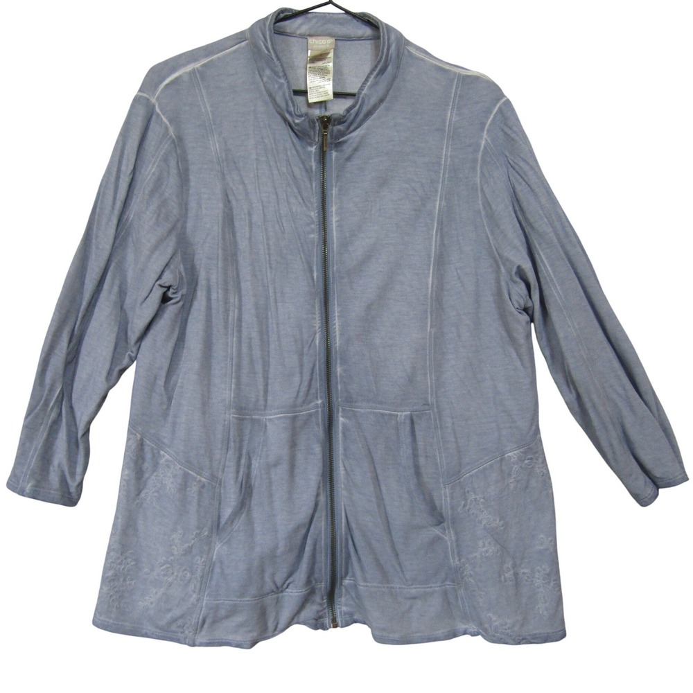 Chico's Full Zip Jacket Womens 3 Blue Good Embroidered Peplum Mock Neck Casual